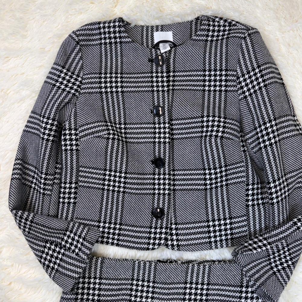H&M Skirt Suit Set Women 8 & M Black White Glen Plaid Cropped Clueless Cher - Picture 4 of 9